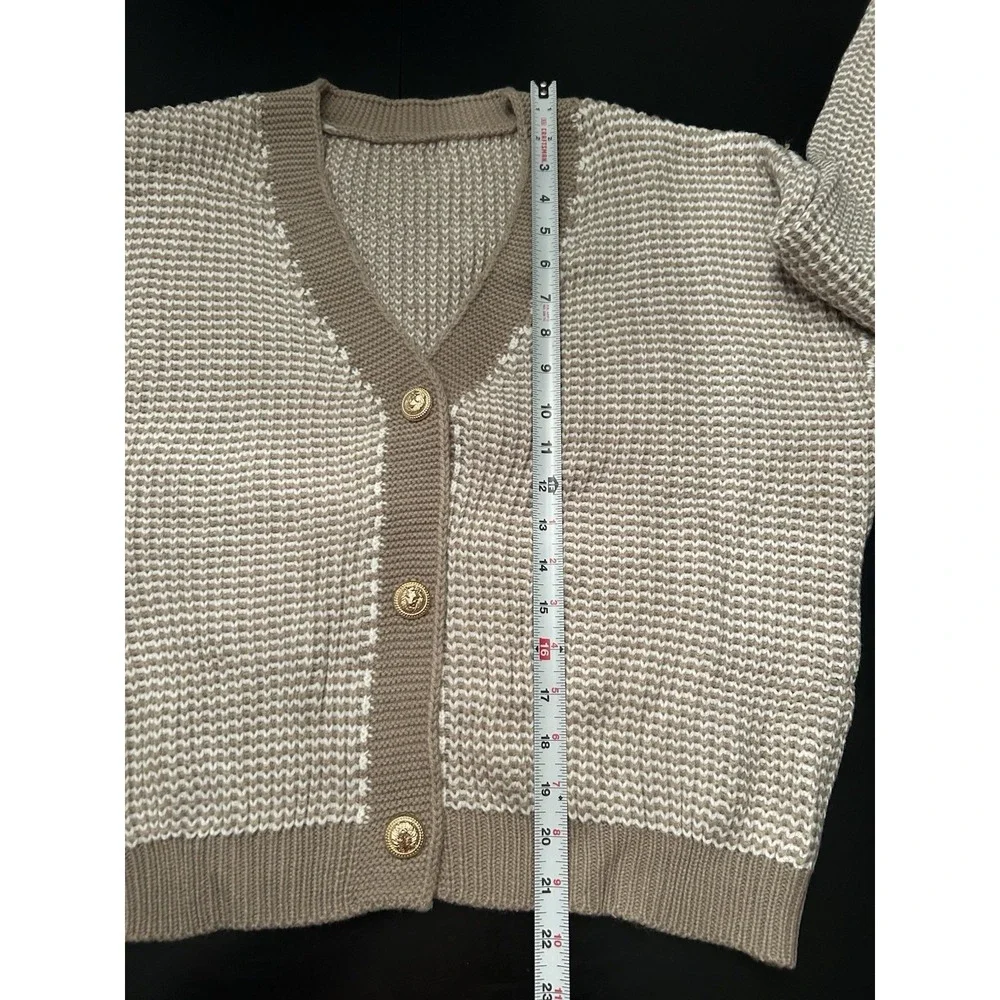 New Cardigan Sweater L Classy Taupe White Gold Time Buttons Large